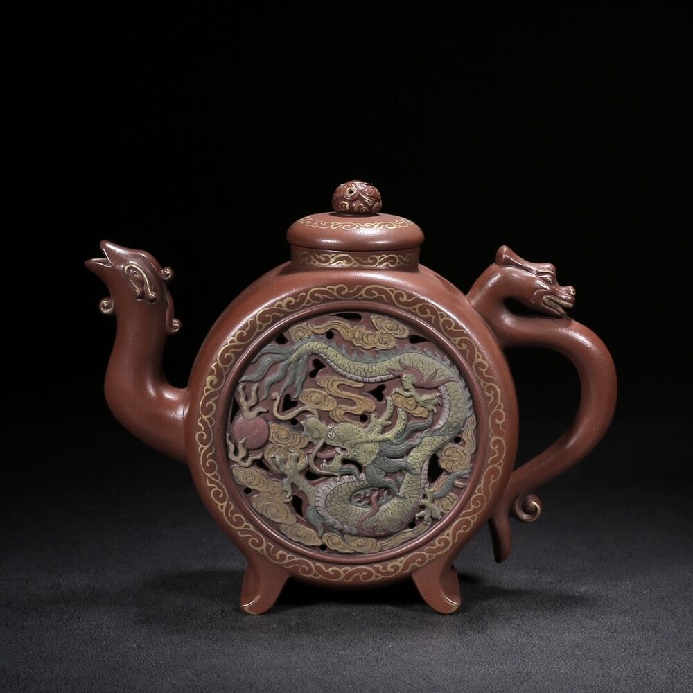 Chinese Yixing Zisha Clay Handmade Exquisite Teapot （龙凤呈祥（描金） 底款：陈鸣远）