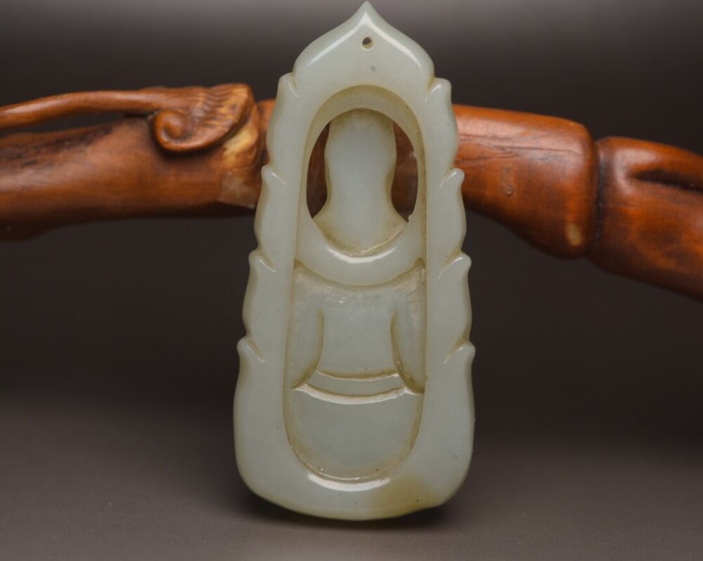 Chinese Natural Hetian Jade Carving Kwan Yin Statues Lucky Jade Pendant Jewelry