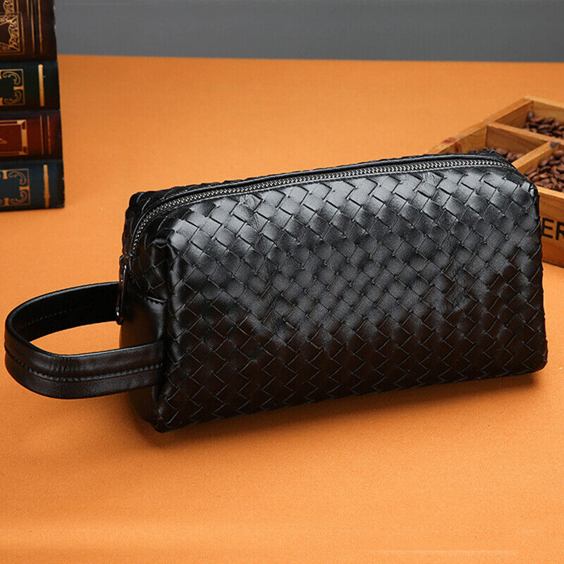 Men's Black Weaving Bag Microfiber Leather Large Capacity Handbag 5" Clutch Bag