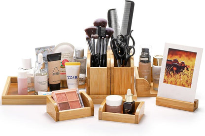 Bamboo Desk Organizer Adjustable Stationery Desktop Tray Holder Storage 7 Pcs