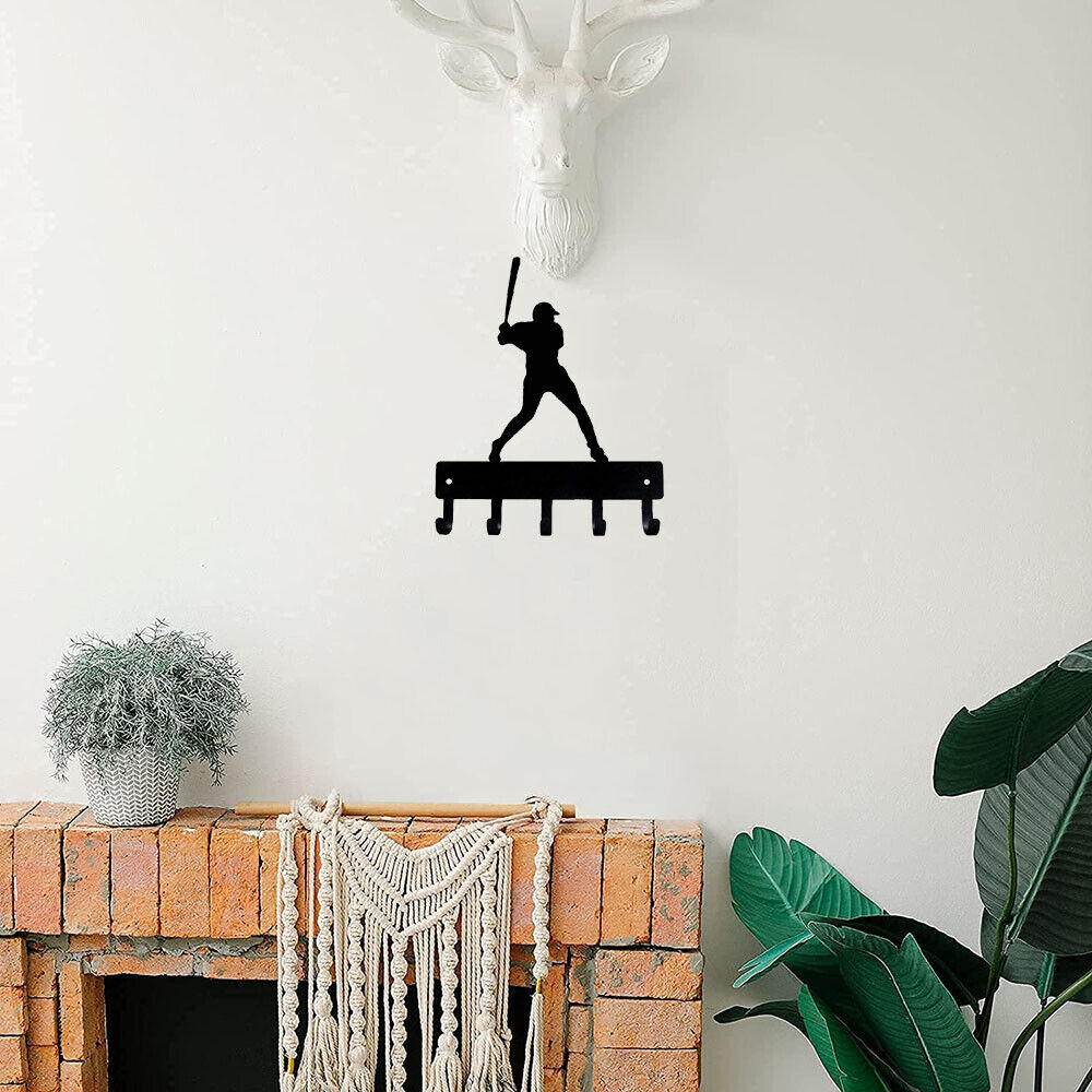Baseball Batter Sport - Key Hooks Holder - 6 inch Wide Metal Wall Art