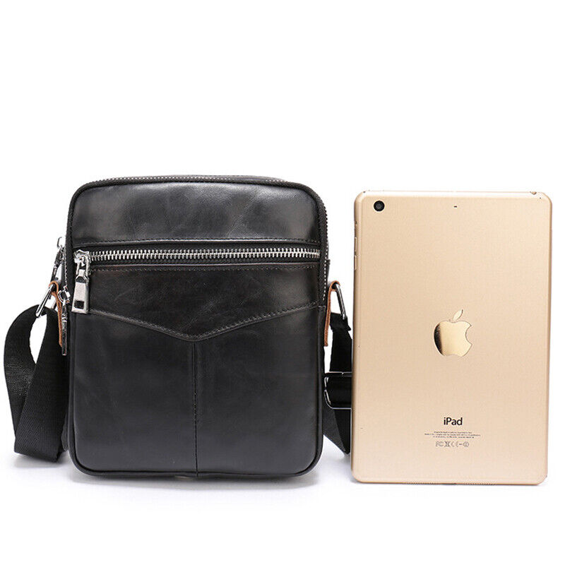 100% Cowhide Leather Double Zipper Shoulder/Messenger Bag Black Men's Sling Bag