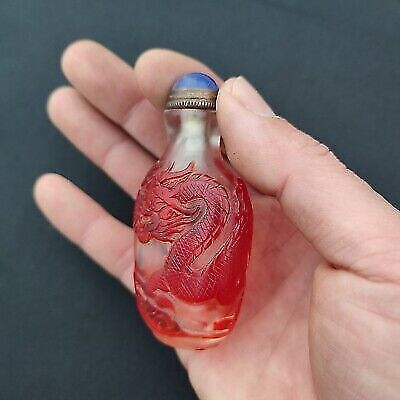 vintage chinese beijing glass snuff bottle red box dragon sculpture statue gift