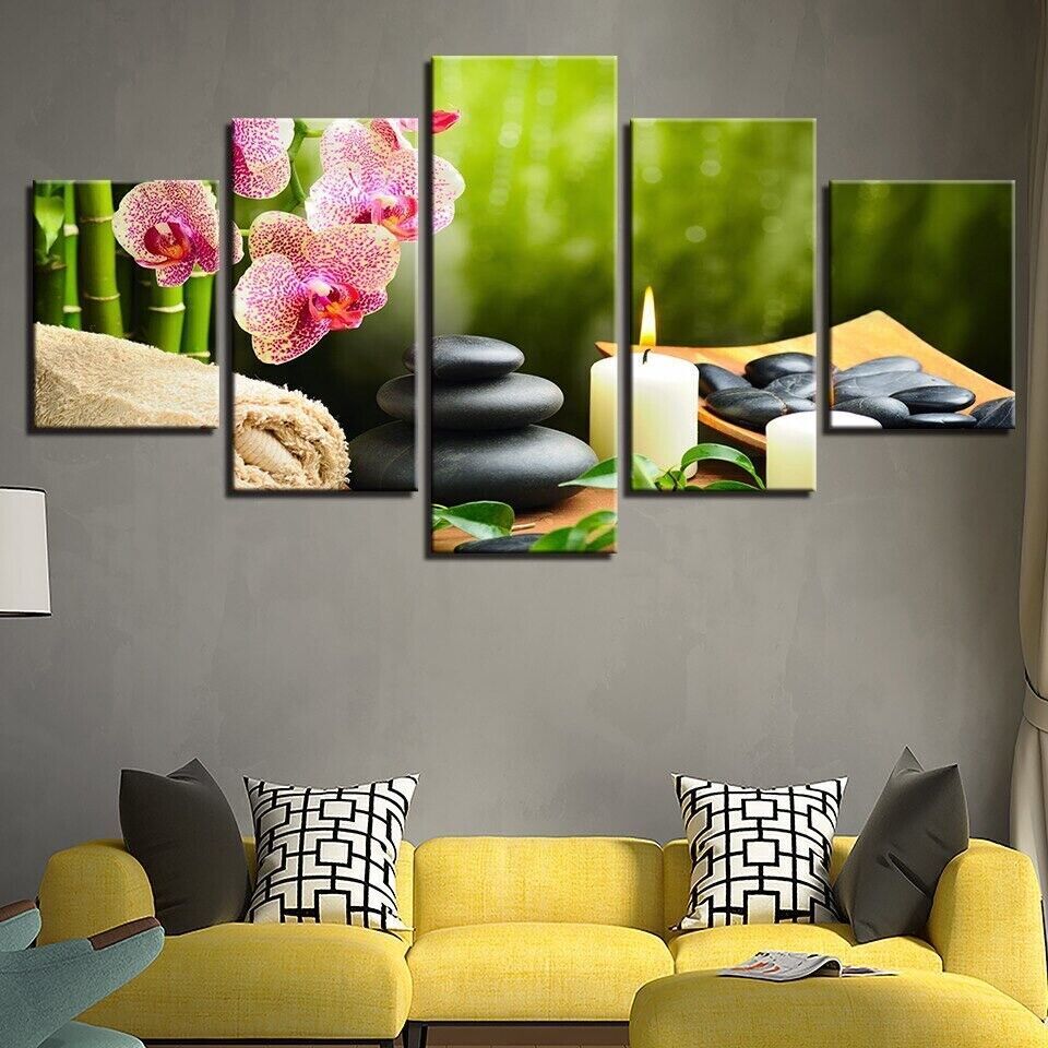Hot Stones Orchid Flowers SPA Concept 5 Panel Canvas Print Wall Decor Art Poster