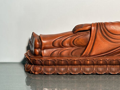 Chinese Wooden Carving Boxwood Reclining Buddha Statue Sculpture Home Decor Art