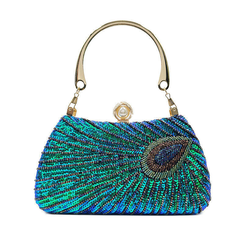 New Vintage Dress Bag Hand Peacock Feather Sequin Bag Prom Evening Bag