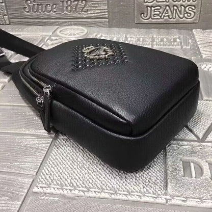 Soft Cow Leather Black Crossbody Chest Bag Hiking Sling Backpack Shoulder Bag