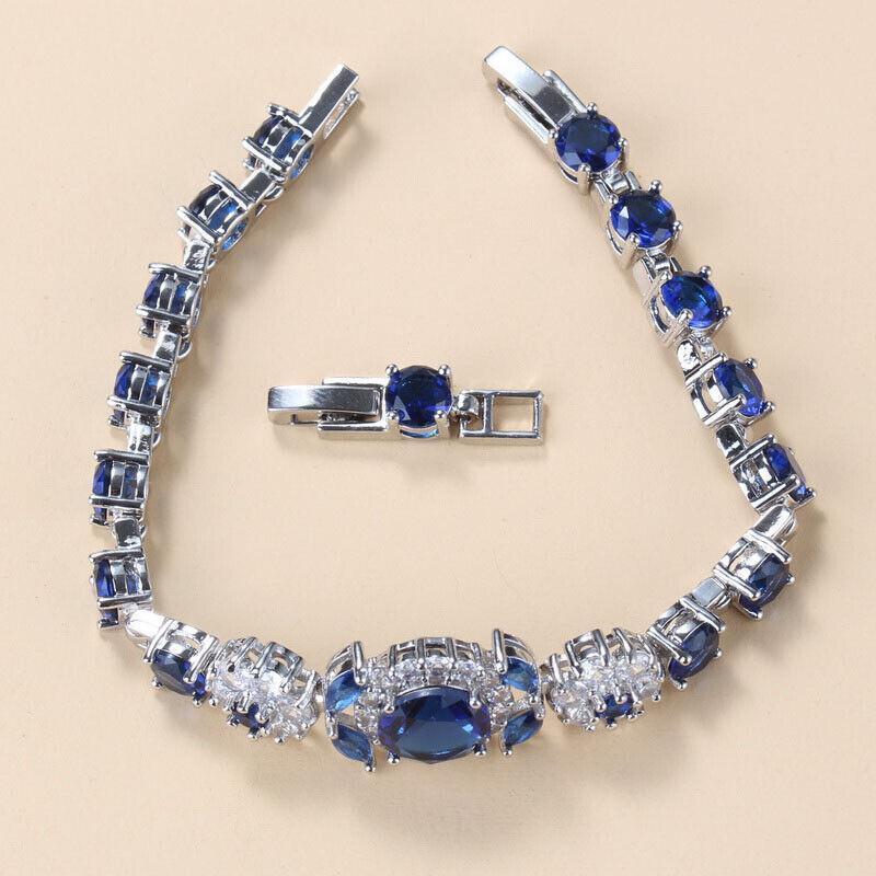 Blue Sapphire White Topaz 925 Sterling Silver Tennis Gemstone Bracelet Jewelry