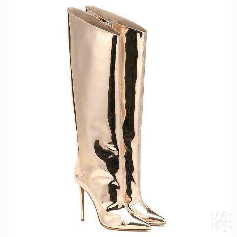 Women Metallic Mirror Patent Leather High Heel Knee High Boots Side Zipper Boots