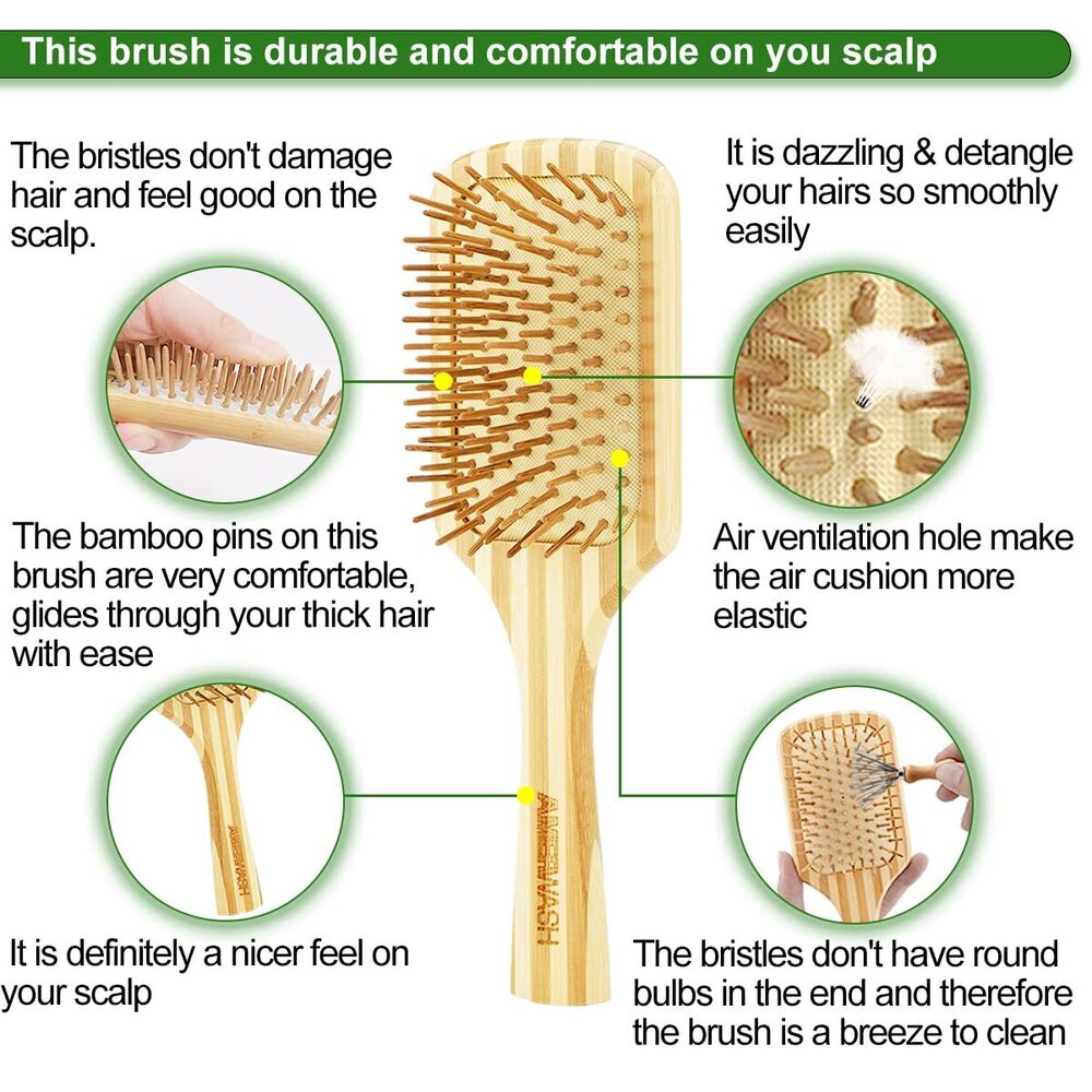 Bamboo Hair Brush Comb Set for Women Wooden Paddle Cleaning Tool Included