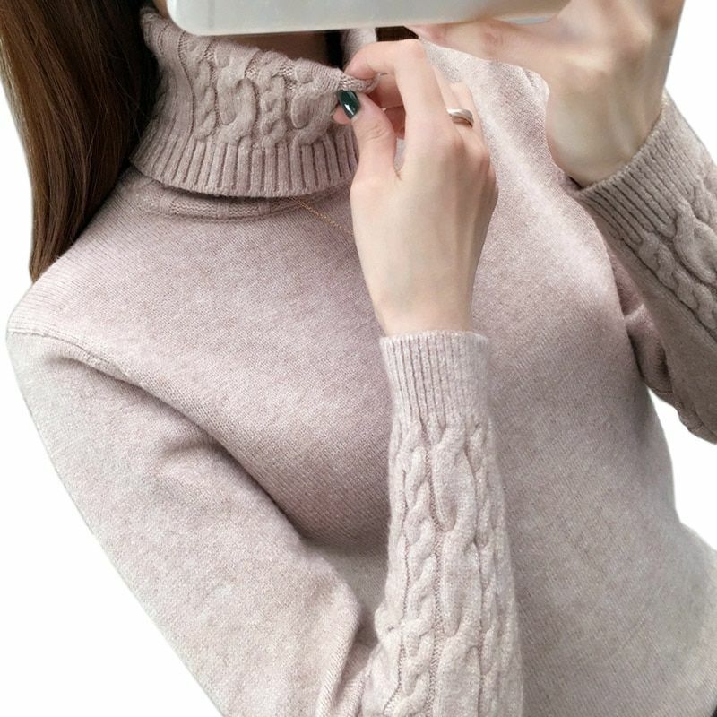 Women Sweater Turtleneck Pullovers Long Sleeve Thick Warm Female Khaki White S L