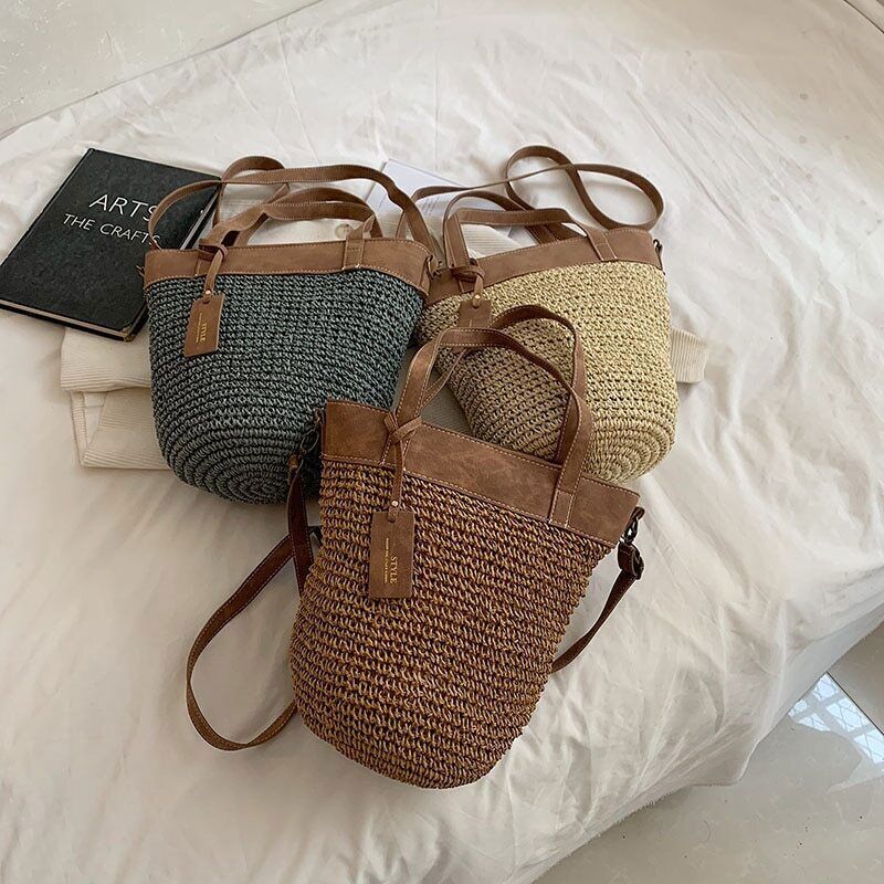 Women Zipper Weave Bag Travel Beach Bags Handmade Lady Crossbody Bag Handle