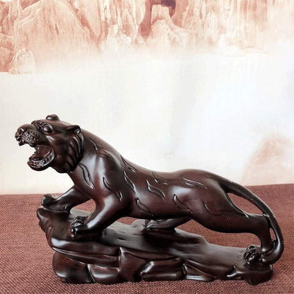 Handmade Wooden Tiger Statue Wealth Lucky Figurine Sculpture Home Office Decor