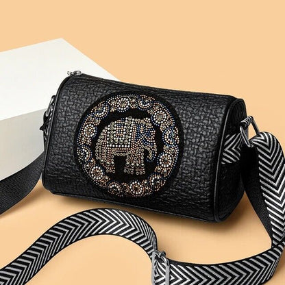 Women's Crossbody Genuine Leather Embroidered Duffel Bag Elephant Pattern Gift