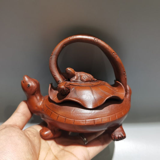 Vintage Chinese Yixing Purple Clay Teapot Zisha Ceramic Carving Turtle Teaware