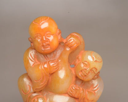 Chinese Natural Hetian Jade Carving Pair Children Statue Nice Figurines Artwork
