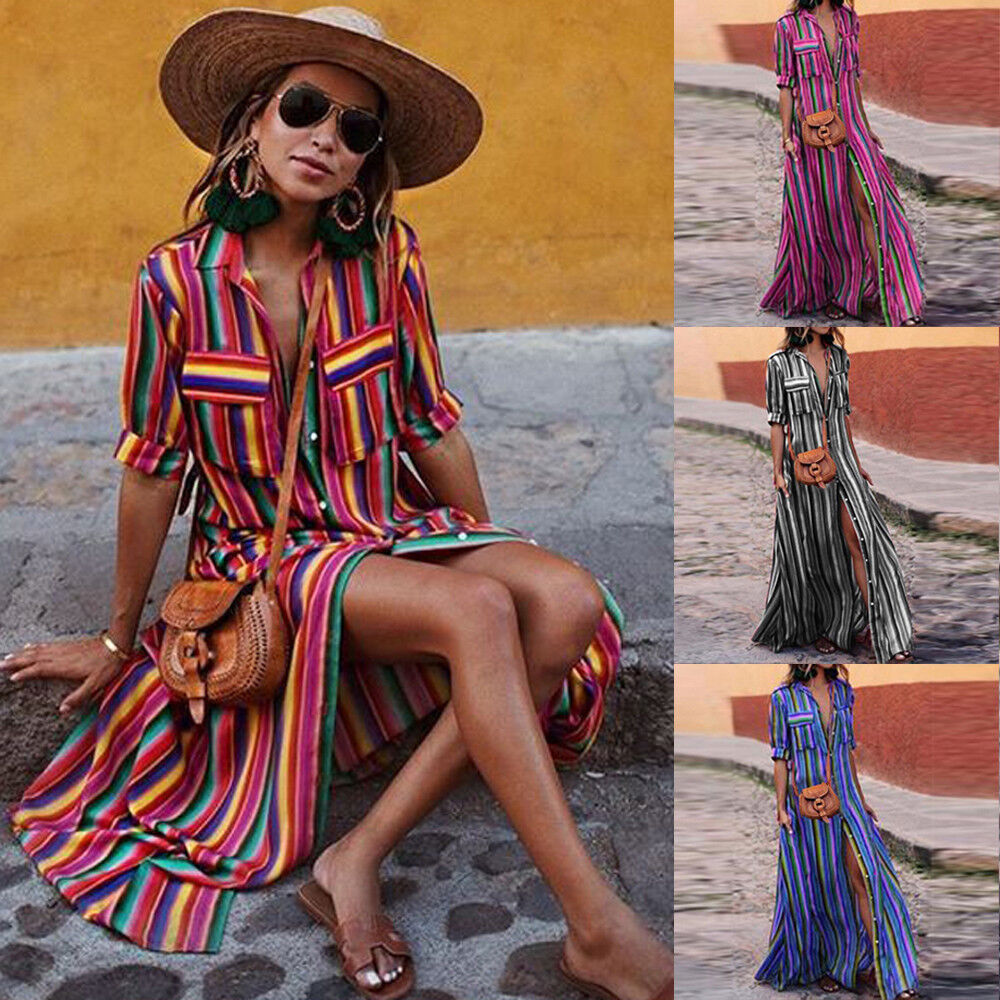 Women's button stripe casual loose long-sleeved shirt dress fashion