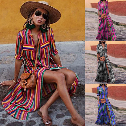 Women's button stripe casual loose long-sleeved shirt dress fashion