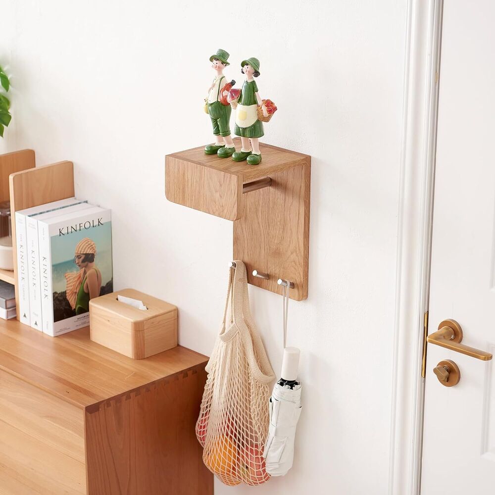 Oak Coat Rack Shelf Wall Mount 3-In-1 Wood Entryway Wall Shelf with 3 Hooks