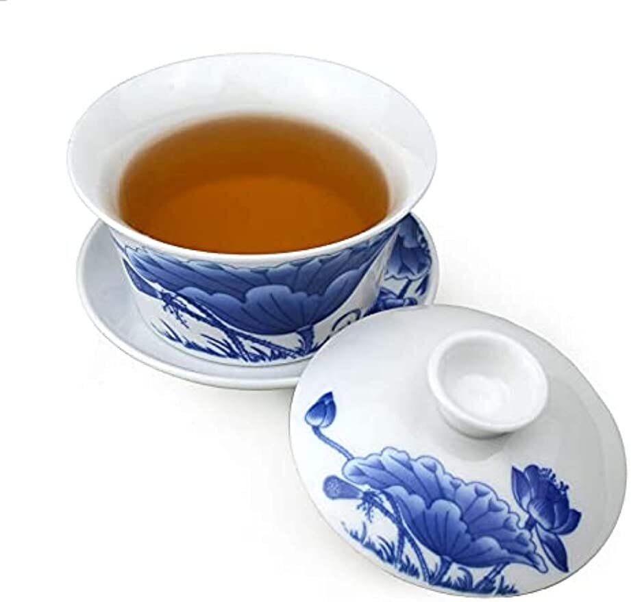 Porcelain Gaiwan 9oz Teacup Blue White Chinese Gongfu Tea Set Lip Cup Saucer