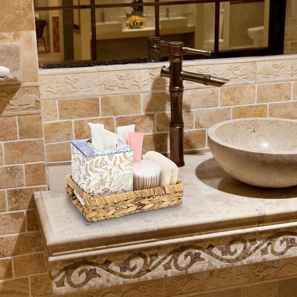 Rustic Water Hyacinth Bathroom Tray Counter Wicker Organizer Bahtroom Decoratian