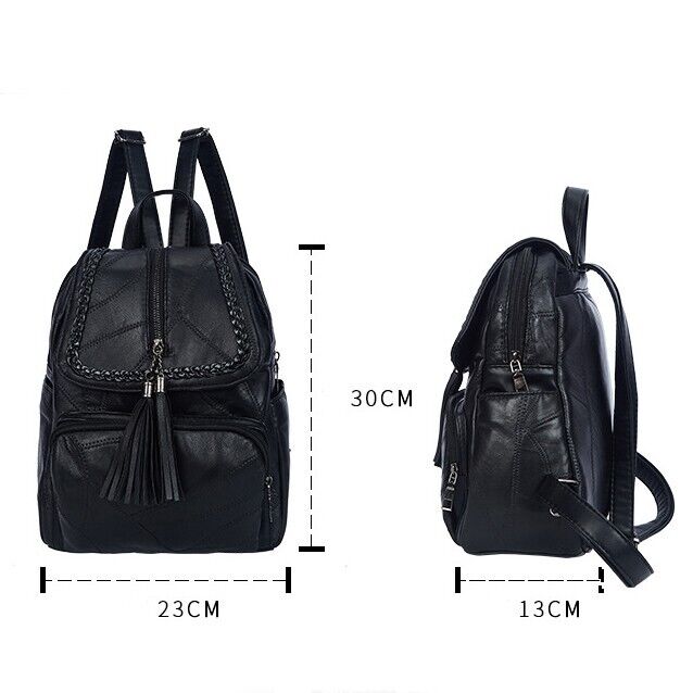 Top Soft PU Leather Black Women's Backpack Shoulder School Bag Retro Rucksack