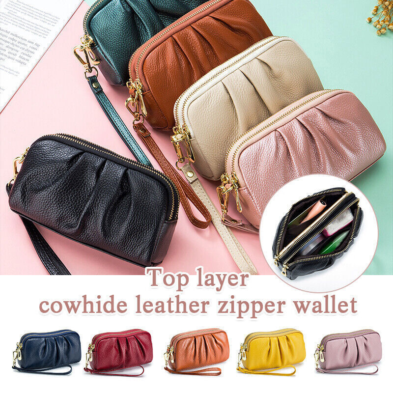 Women Hand Collar Leather Bag Zipper Large Capacity Cowhide Phone Clutch Wallet