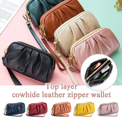 Women Hand Collar Leather Bag Zipper Large Capacity Cowhide Phone Clutch Wallet