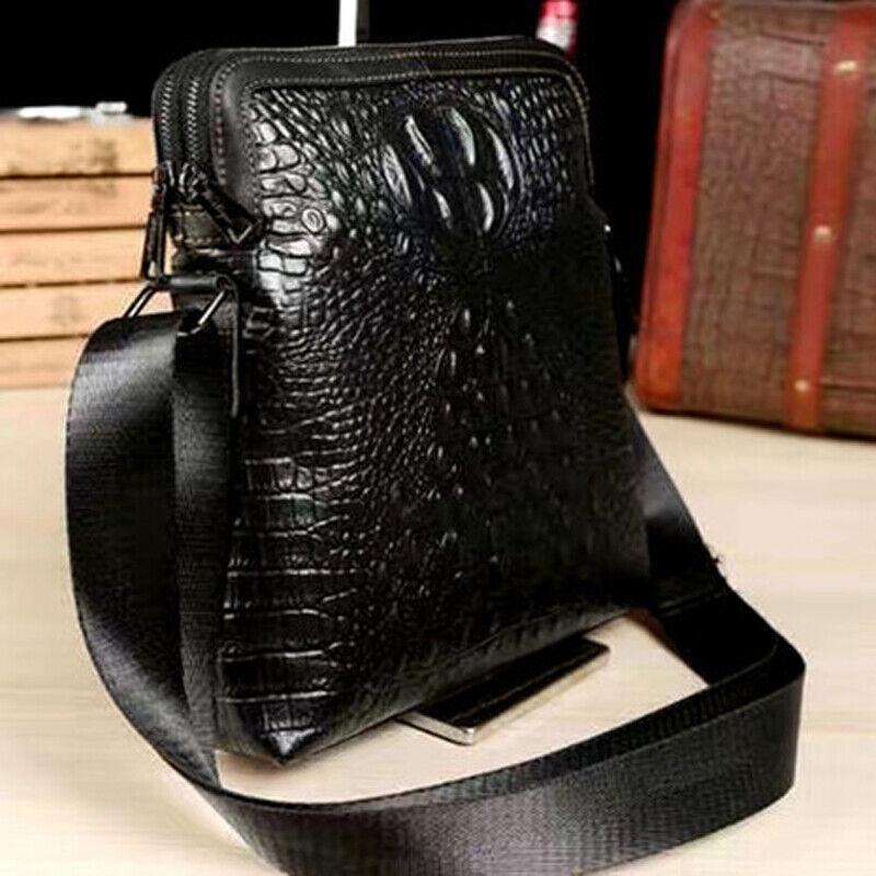 100% Genuine Leather Men's Crocodile Sling Messenger/Shoulder Bag Double Zipper