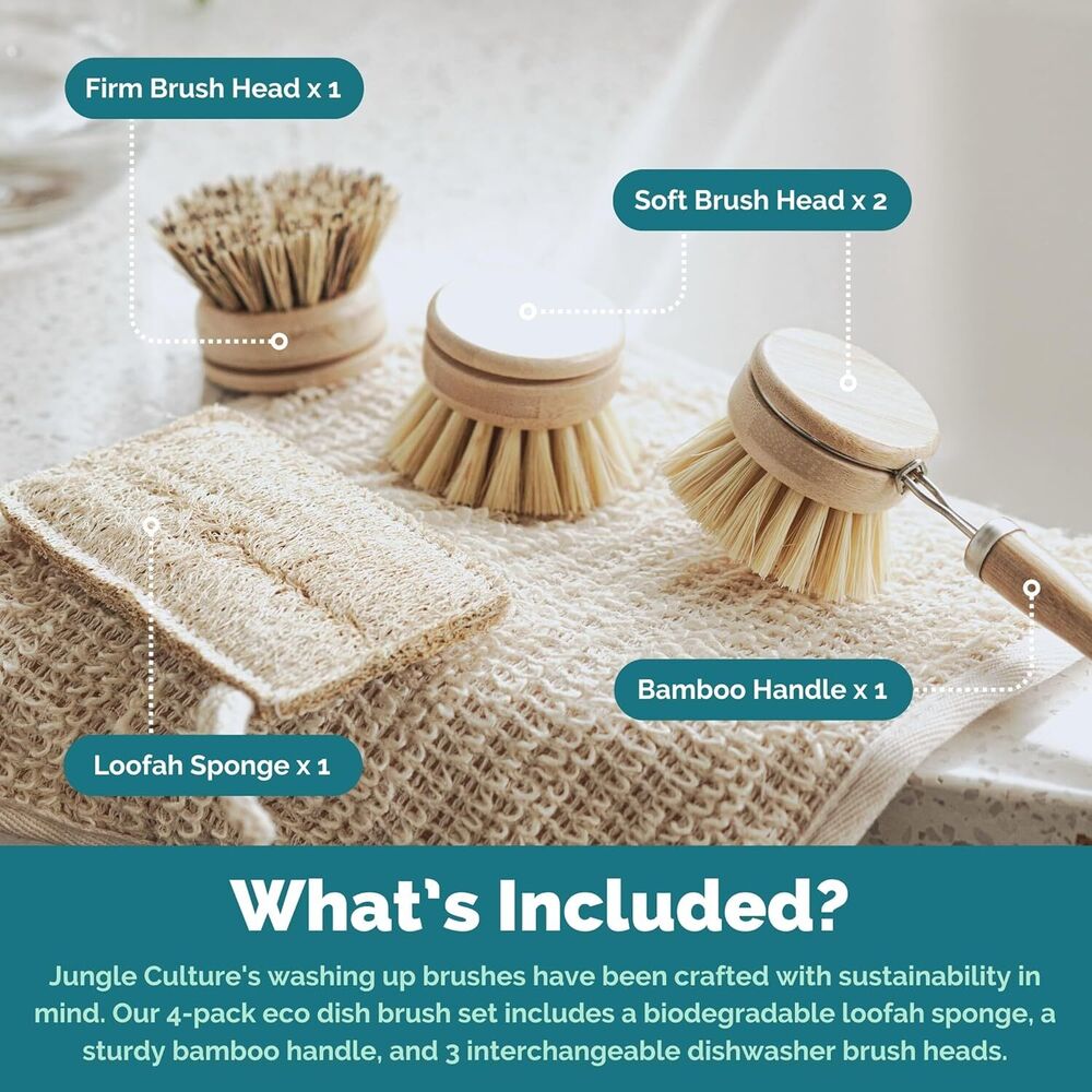 Bamboo Dish Brush Set for Washing Up with 3 Replacement Heads & Sponge Scourer