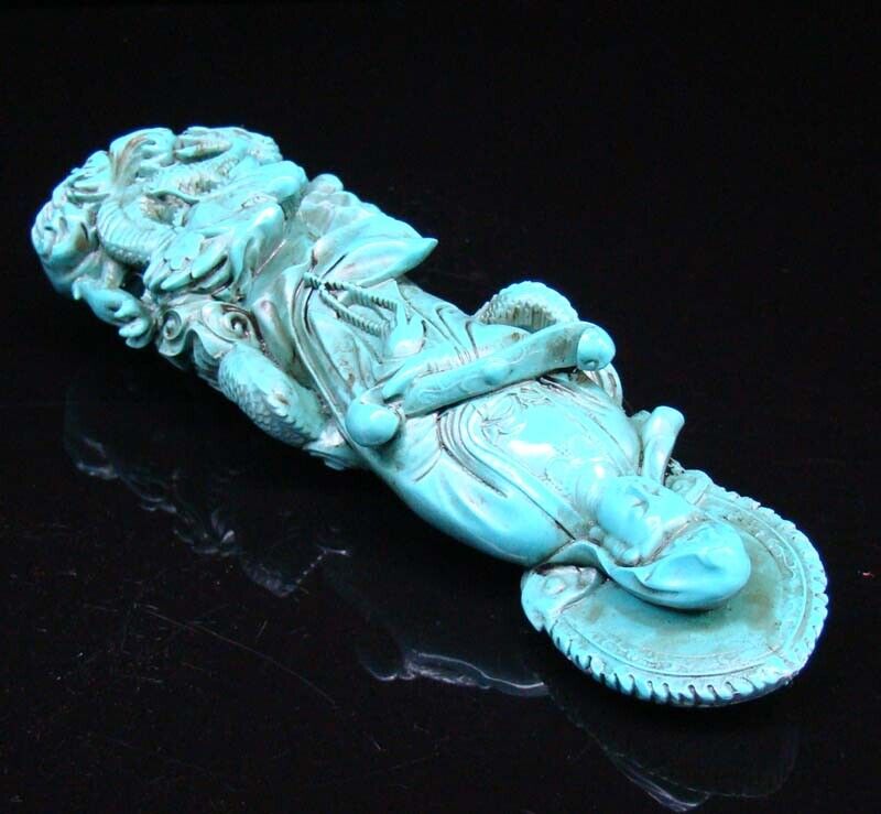 Chinese Turquoise Handmade Carved Statue Kwan-yin Dragon RuYi Exquisite