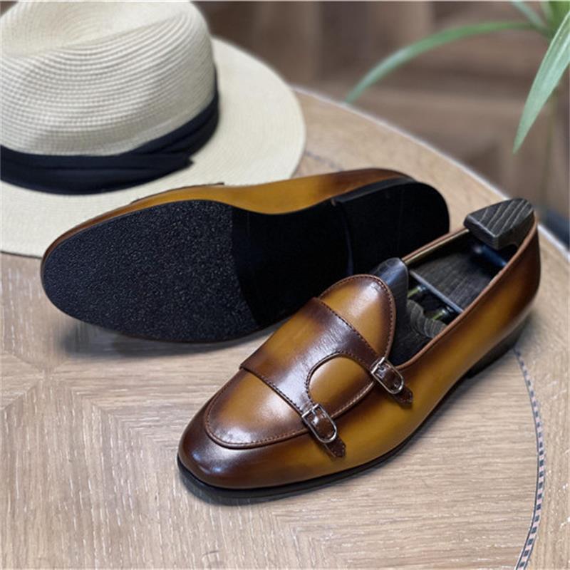 Men Loafers Leather Round Toe Low Heel Double Buckle Business Dress Shoes
