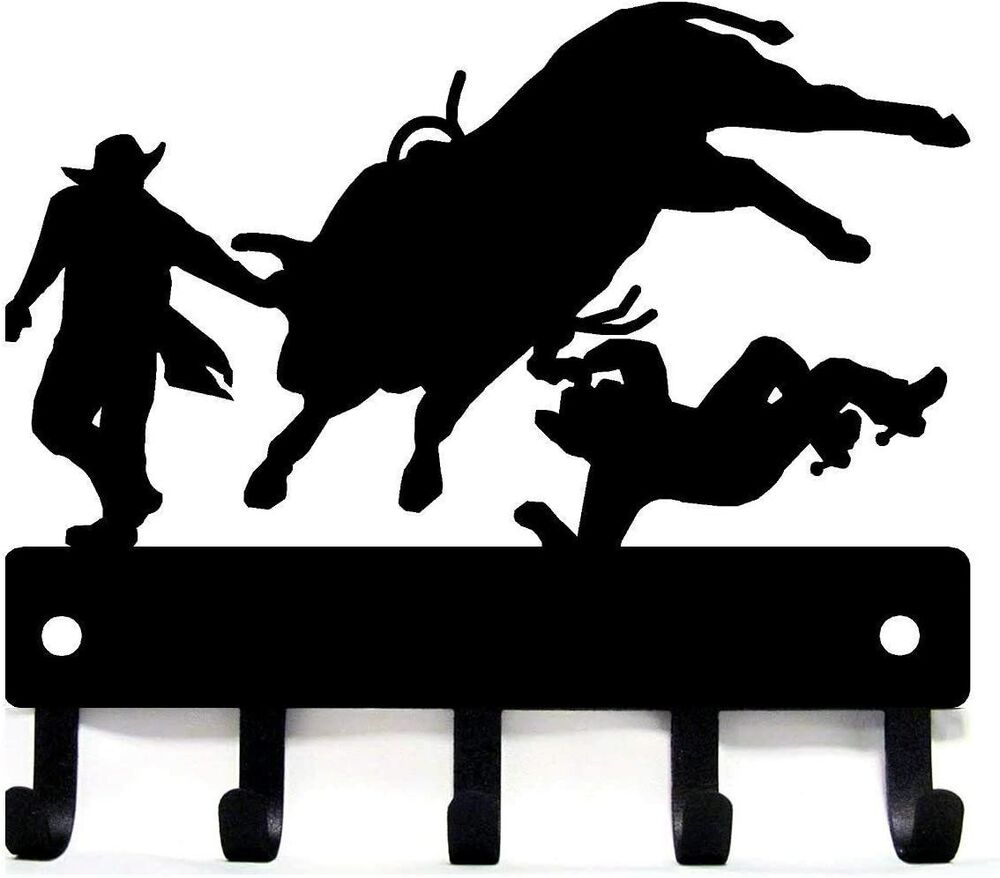 Cowboy Bull Rider Rodeo Clowns - Key Rack Hanger - 9 inch Wide Metal Wall Art