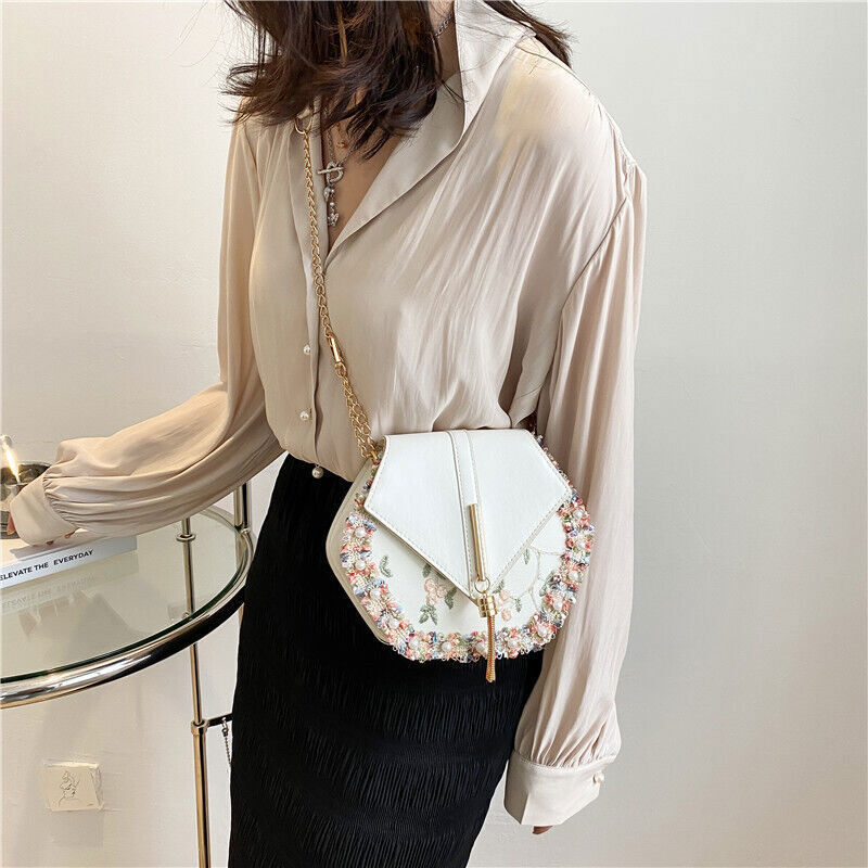 Tassel Women's Bag PU Leather Shoulder Bag Pearl Lace Crossbody Bags Handbags
