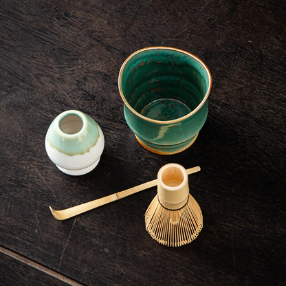 Green Ceramic Matcha Tea Set Matcha Bowl For Traditional Tea Ceremony
