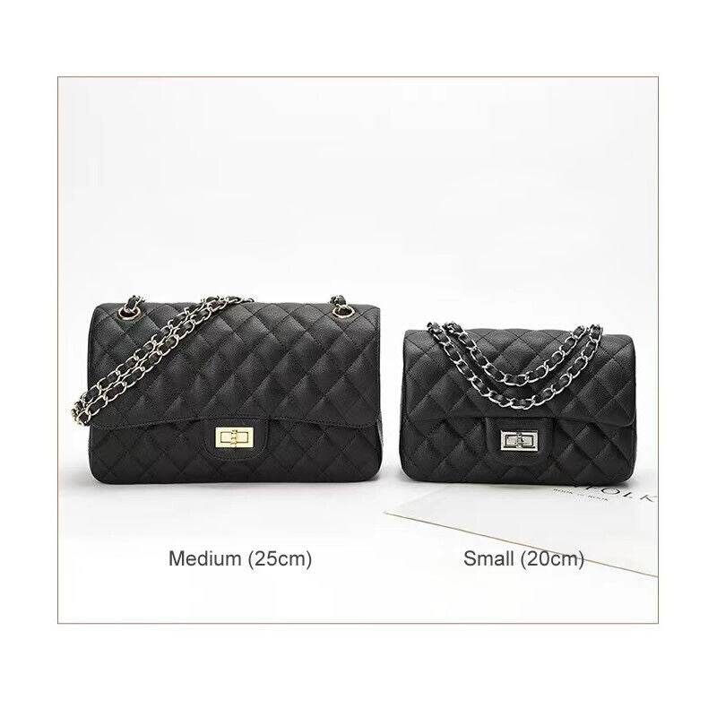 Quilted Real Leather Caviar Effect Double Flap Shoulder bag Handbag Purse Chains
