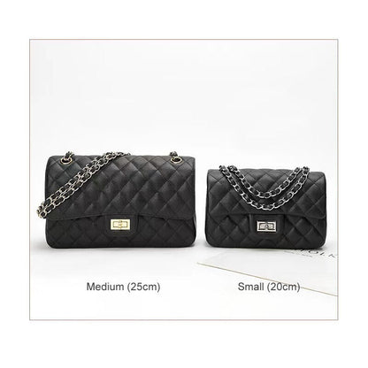 Quilted Real Leather Caviar Effect Double Flap Shoulder bag Handbag Purse Chains