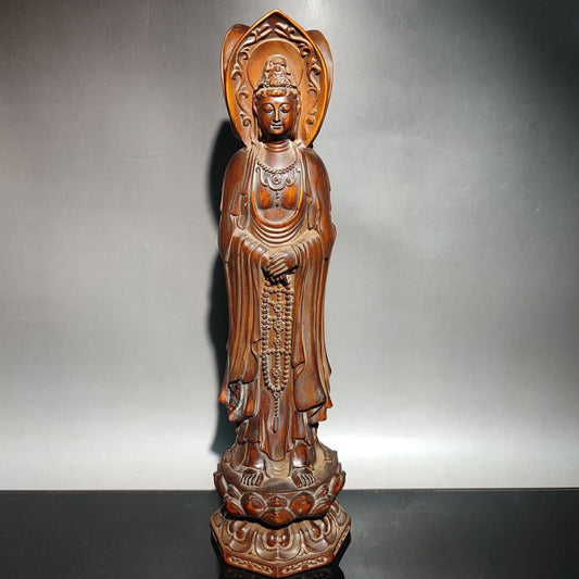 Beautiful Three sides Kwan-yin statue Wood Figure Guanyin vintage wood carving