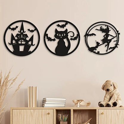 Metal Wall Decoration, Halloween Witch Cat Bat Castle Pattern Frameless Pendant