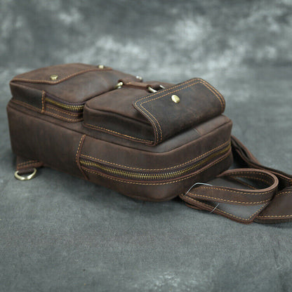 Men's Sling Backpack Crazy Horse Leather Large Capacity Chest Bag Crossbody Bag