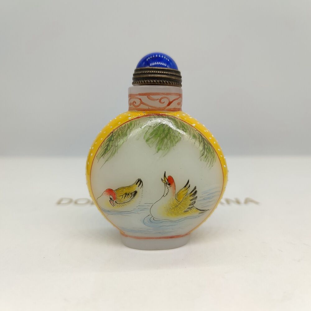 Chinese Peking Glass Snuff Bottle Painted Bird Flower Signed Love Yellow Box Art