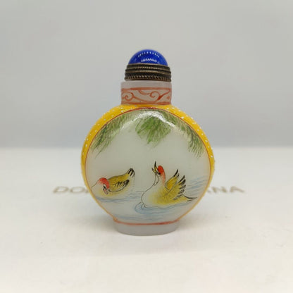 Chinese Peking Glass Snuff Bottle Painted Bird Flower Signed Love Yellow Box Art