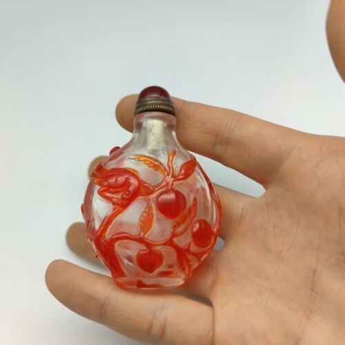 Chinese Old Beijing Glaze Carved Flowers And Birds Snuff Bottle Collectibles Art