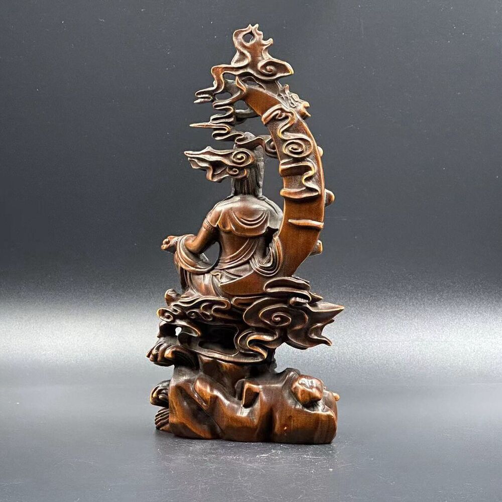 Chinese Boxwood Carving Kwan Yin Statue Woodwork Sculptures Home Decor Artwork