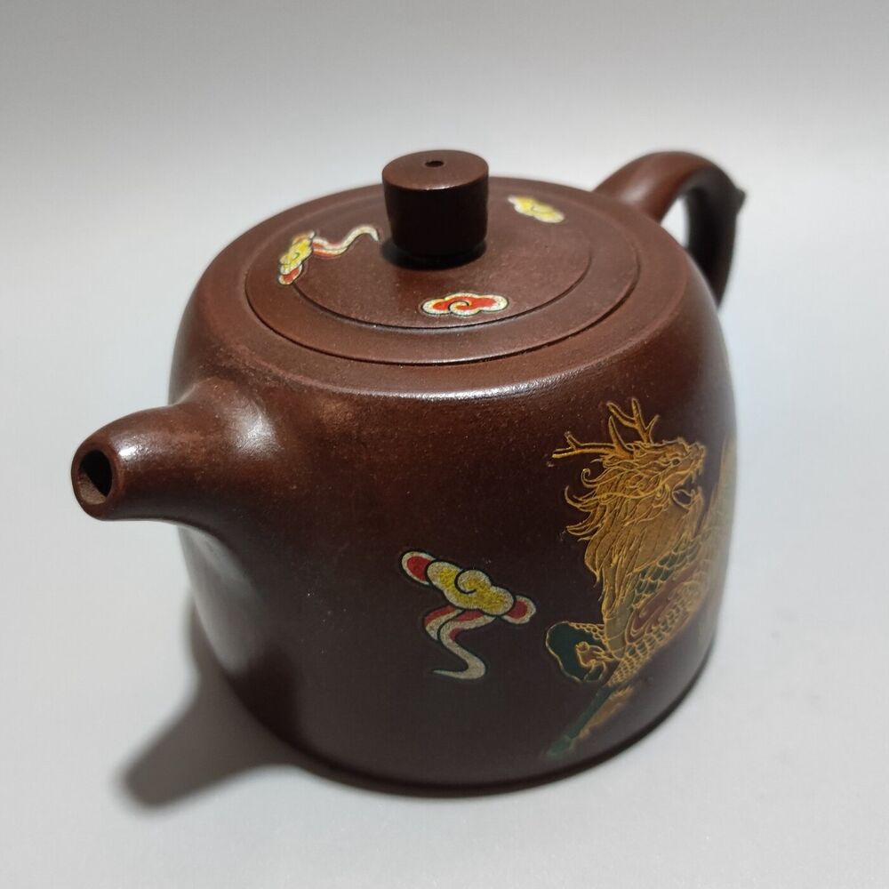Vintage Chinese Yixing Purple Clay Teapot Zisha Ceremony Painted Kylin Teaware
