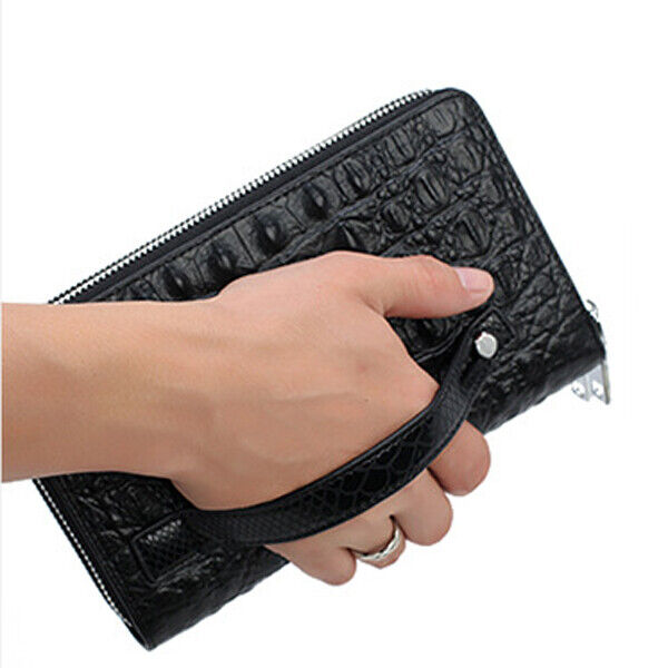 Men's Real Leather Clutch Bag, Double Zipper Long Business Wallets Phone Holder