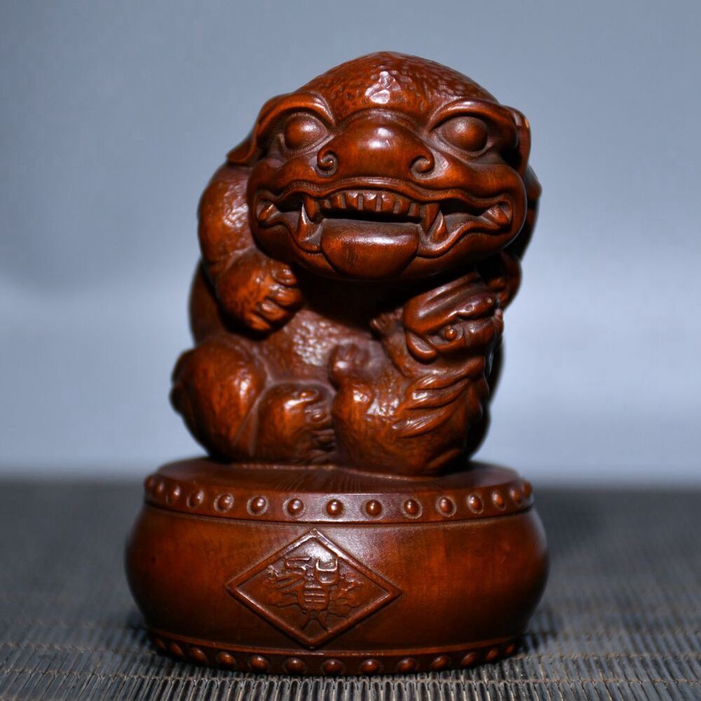 Vintage Chinese Boxwood Carving Exquisite A Pair Beast Statue Figurine Ornaments
