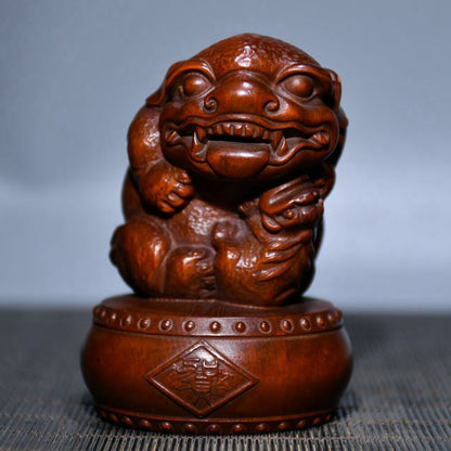 Vintage Chinese Boxwood Carving Exquisite A Pair Beast Statue Figurine Ornaments