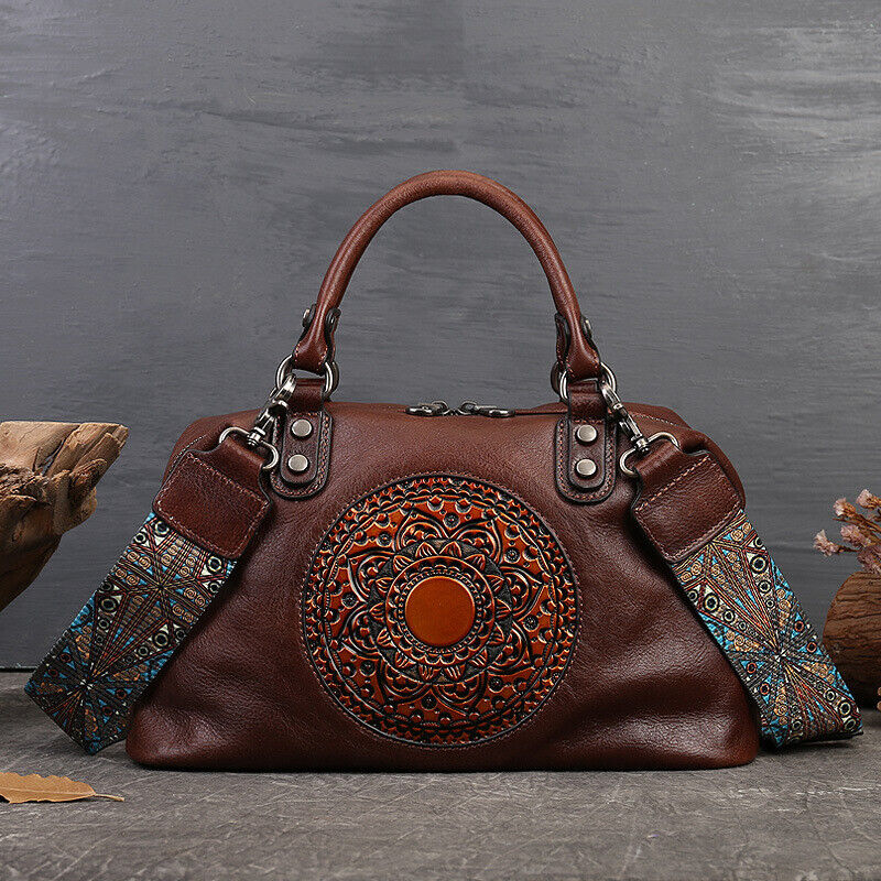 Genuine Leather Womens Bag Retro Handbag Floral Embossed Sling Shoulder Bag