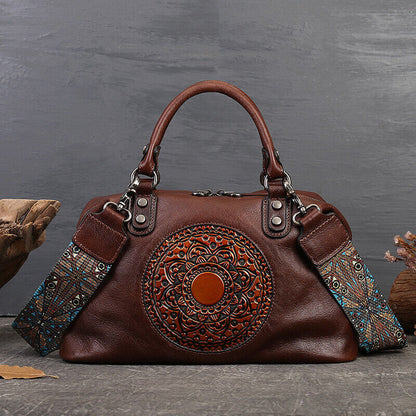 Genuine Leather Womens Bag Retro Handbag Floral Embossed Sling Shoulder Bag